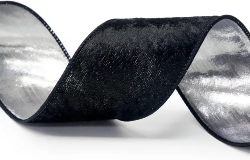 Vista 4 de Cinta de terciopelo negro con alambre y respaldo metálico plateado de 2.5 pulgadas x 10 yardas para adorno de la punta del árbol de Navidad