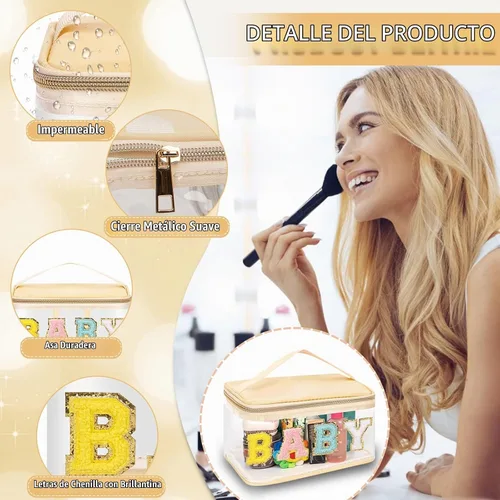 Vista 3 de izuzta Bolsas de maquillaje transparentes con letras de chenilla, bolsa de maquillaje de parche preppy con asa
