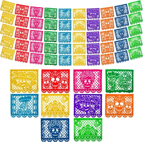 Vista 2 de Pancartas de fiesta mexicana (paquete de 5, 10 diseños de banderas de plástico por bandera) + piñata mexicana (grande de 32 pulgadas), pancarta