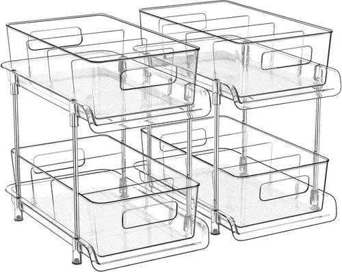 Vista 9 de HIHEGD Organizador de Almacenamiento de Baño de 2 Niveles con Separadores, Transparente, Extraíble Debajo del Fregadero para Cocina, Despensa