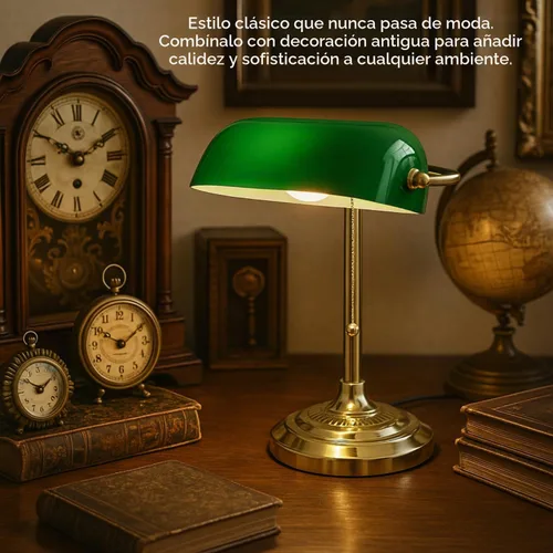 Vista 3 de LIGHTACCENTS Lámpara de escritorio estilo bancario tradicional con pantalla de vidrio verde y base de latón – Lámpara de escritorio clásica