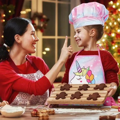 Vista 6 de Vanmor Juego de cocina y hornear de unicornio para niños, 11 delantales para niñas, sombrero de chef y delantal rosa, guante y utensilio