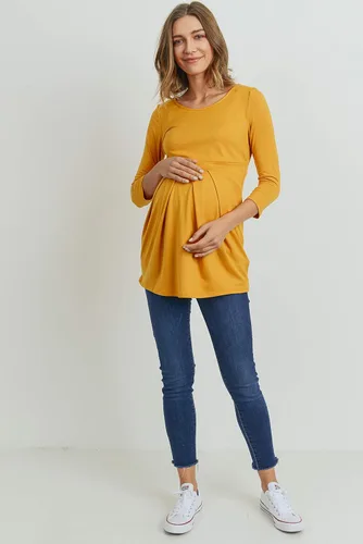 Vista 13 de LaClef - Blusa de maternidad para mujer, cuello redondo, manga 3/4, plisada al frente, estilo peplum