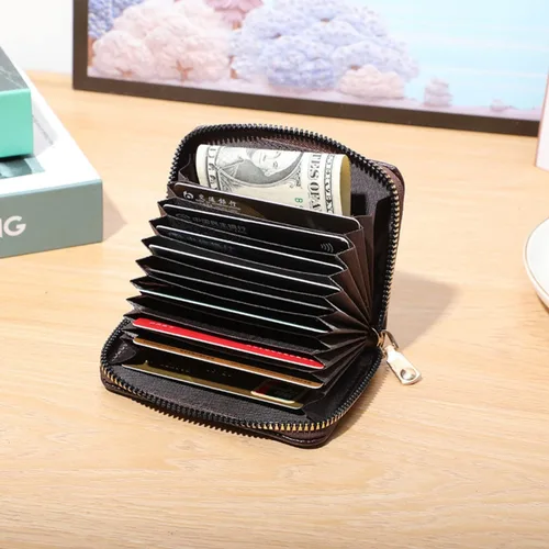 Vista 6 de Funda organizadora para tarjetas de crédito, cartera compacta de seguridad con cremallera pequeña, Marrón, Estuche para tarjetas