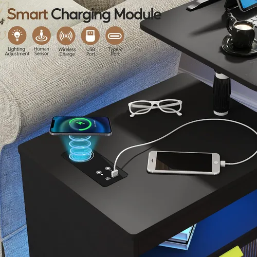Vista 4 de Mesita de noche ajustable en altura con estación de carga, mesita de noche giratoria con luces LED, mesa auxiliar inteligente con sensor automático