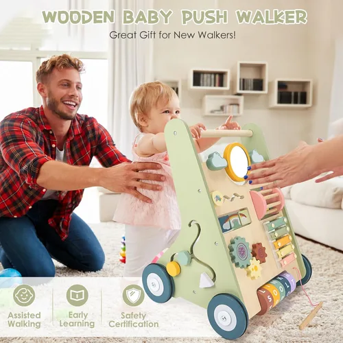 Vista 7 de Andador de madera para bebés, Montessori Push Walker para bebés de 10 a 12 Andador de bebé con centro de actividad, velocidad ajustable, juegos Verde