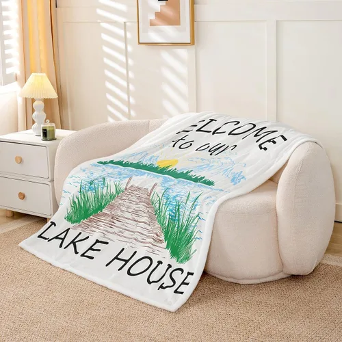 Vista 3 de Manta de vellón de Lake House, dibujada a mano con paisajes de lago y montaña para niños, niñas, niños y adultos, decoración de habitación rústica