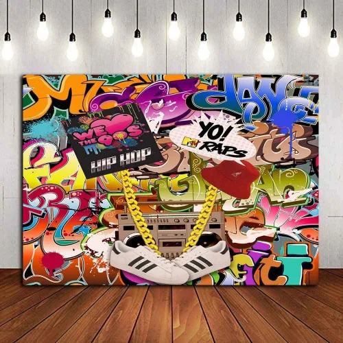 Vista 3 de Fondo de fotografía de graffiti colorido de los años 80 y 90 con tema de hip hop, accesorios de estudio, suministros de música retro, fondo de fotos
