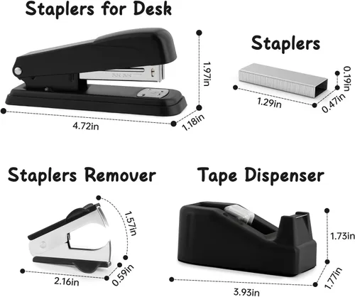 Vista 2 de Suministros de oficina negros para niños, accesorios de escritorio negros, juego de engrapadora y dispensador de cinta para niños, mujeres, regalo