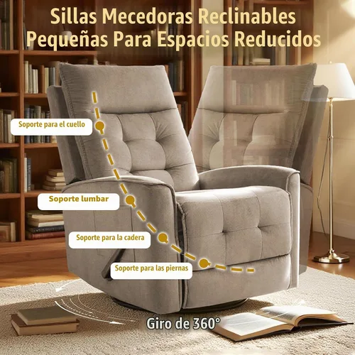 Vista 9 de Silla reclinable basculante giratoria para adultos, silla mecedora Silla reclinable balancín pequeña para espacios pequeños, RV, sala de estar