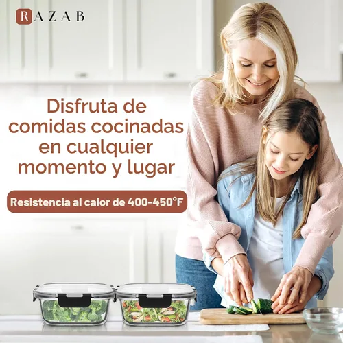 Vista 6 de Razab 2 recipientes de vidrio de almacenamiento de alimentos de 41 onzas con tapas, herméticos y a prueba de fugas, aptos para microondas