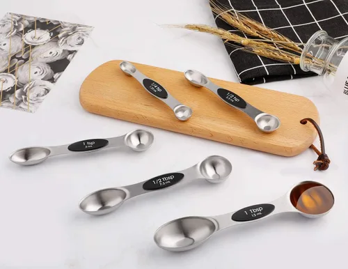 Vista 4 de Juego de 6 cucharas medidoras magnéticas de acero inoxidable apilables de doble cara y cucharada para medir ingredientes secos y líquidos