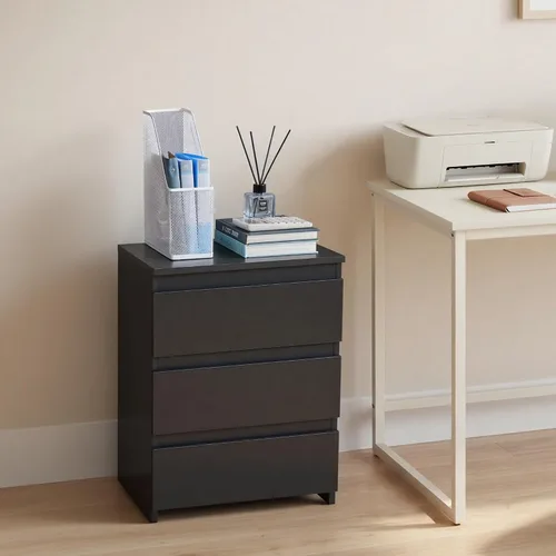 Vista 4 de Yaheetech - Mesita de noche pequeña con 3 cajones, cómoda de almacenamiento para dormitorio, color negro