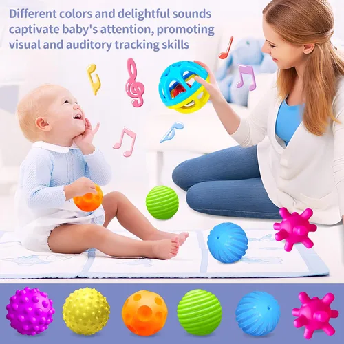 Vista 6 de Pelotas sensoriales, juguetes Montessori con sonajero de bebé de 3 a 6 meses 6 Multiple Textured Stress Balls with Blue Rattle, Bright