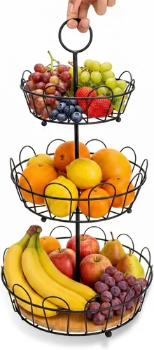 Vista 7 de HANZE Soporte de cesta de frutas de granja de 2 niveles, estante de almacenamiento de encimera de frutas y verduras, multifuncional, desmontable