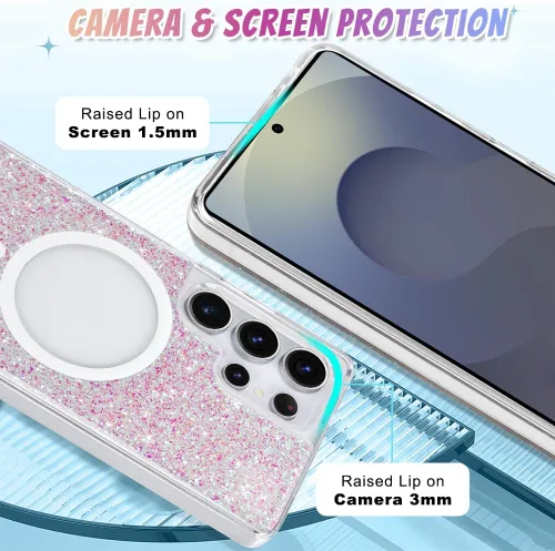 Vista 464 de Bonoma - Funda compatible con Samsung Galaxy S21 Plus, diseño de corazón con purpurina, color rosa Support for MagSafe, Plating Magnetic Case TPU