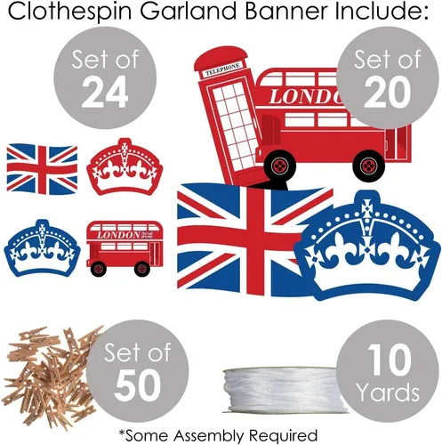 Vista 4 de Big Dot of Happiness Cheerio, Londres – Decoración de bricolaje para fiestas británicas del Reino Unido, guirnalda de pinzas para la ropa, 44 piezas
