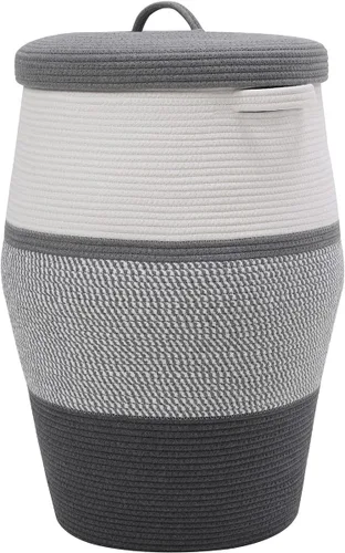 Vista 12 de Cesta de lavandería tejida extra grande de 26 x 20 pulgadas con tapa, cesta de almacenamiento de manta de cuerda de algodón, contenedor decorativo