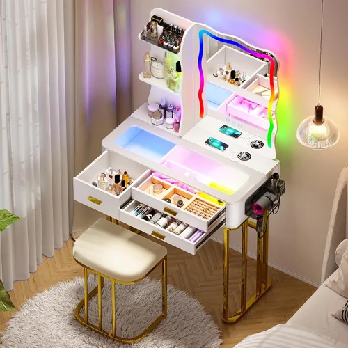 Vista 12 de Lvifur Escritorio de tocador 3 en 1 con espejo y luces, mesa de tocador de maquillaje con taburete acolchado, mesa de tocador compacta y escritorio