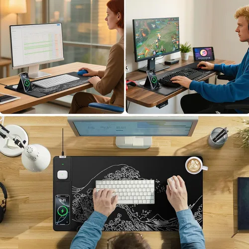 Vista 4 de Wireless Charging Mouse Pad with Foldable Phone Holder, 31.5"x15.8" Large Desk Mat for Laptop/Keyboard, Waterproof Ultra-Smooth Surface, Non-Slip
