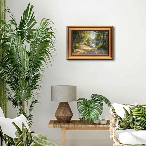 Vista 7 de Lienzo enmarcado en oro, bosque de sol, arte de pared, textura 3D, impresionista, paisaje, decoración, imagen, primavera, verano, naturaleza