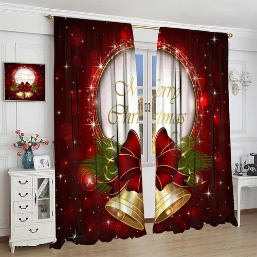 Vista 4 de Cortina opaca de Navidad para ventana, campanas de Navidad, festivales, decoración de atmósfera, cortina para sala de estar, habitación
