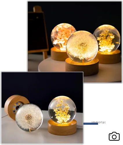 Vista 2 de Luz nocturna de bola de cristal de flores, lámpara de noche de bola de vidrio de 2.4 pulgadas con base de madera (diente de león)