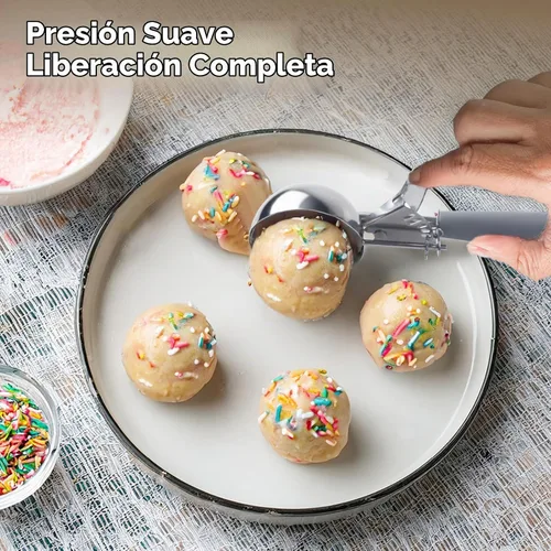 Vista 7 de JUNADAEL J Cuchara grande de 4 onzas para helado con gatillo, plato, tamaño #8 (1/2 taza), cuchara para magdalenas, mango gris, para galletas