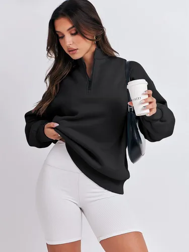 Vista 9 de ANRABESS Sudadera de manga larga para mujer, de gran tamaño, con media cremallera, sudadera con capucha Y2K, ropa de otoño a la moda