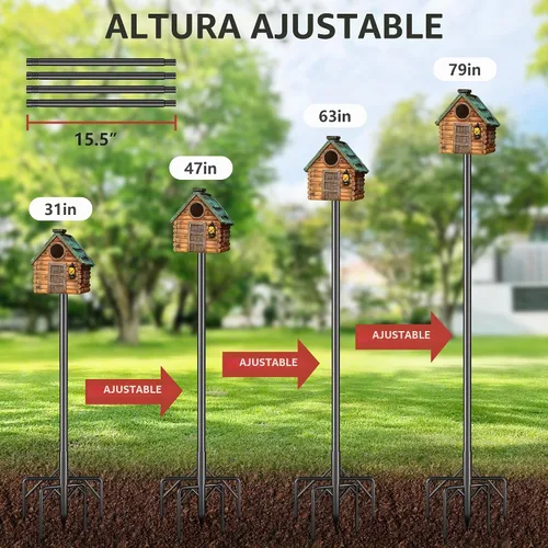 Vista 6 de Kit de poste para comedero de pájaros, poste de casa de pájaros de 79 pulgadas para exteriores resistente, 5 puntas de base ajustables, soporte