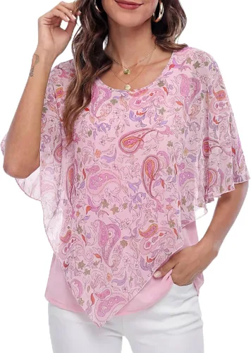 Vista 21 de Lotusmile Blusas elegantes de gasa tipo poncho para mujer 25 impresiones punto negro