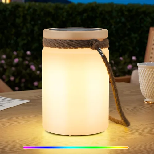 Vista 8 de uuffoo Paquete de 2 lámparas solares de mesa, impermeables, LED, inalámbricas, IP44 RGB y blanco cálido, regulables, para patio, camping