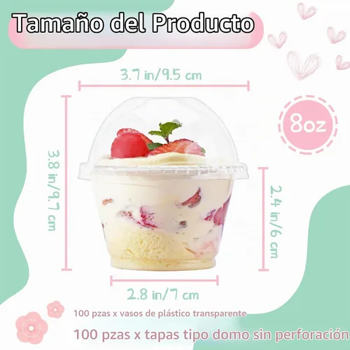 Vista 2 de 100 vasos de plástico transparente de 8 onzas con tapas de cúpula sin agujero, tazas de parfait desechables con tapas de cúpula, taza de postre