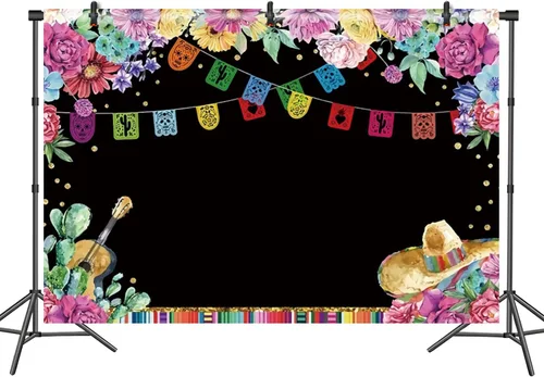 Vista 8 de Fondo de fiesta de poliéster de 5 x 3 pies para fotografía, cumpleaños mexicano, verano, fiesta en la piscina, fondo de flores para fiesta, Cinco