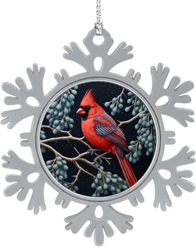 Vista 11 de El cardenal rojo se sienta en una rama de pino en el invierno, adornos de Navidad de copo de nieve de metal, patrón de pájaro cardenal, regalo