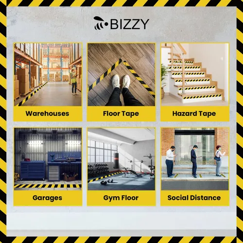 Vista 3 de Bizzy Cinta de seguridad negra y amarilla de 2 pulgadas x 108 pies industrial Cinta de precaución amarilla y negra para piso, cinta de cuidado