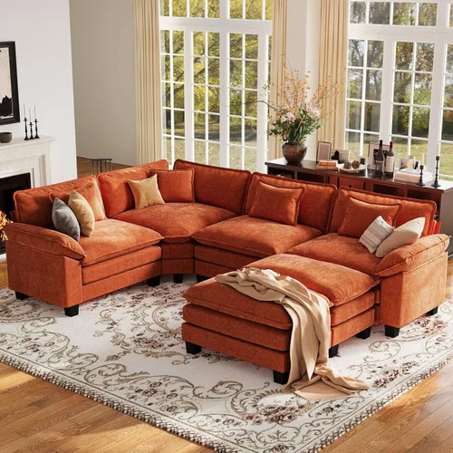 Vista 83 de Sofá modular de gran tamaño de 154 pulgadas, cómodo sofá en forma de U con 3 otomanas móviles, sofá moderno de felpilla de 7 plazas para sala