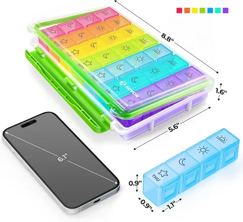 Vista 6 de AUVON iMedassist Organizador de pastillas semanal a prueba de humedad 4 veces al día, caja grande de 7 días con diseño portátil para viajes