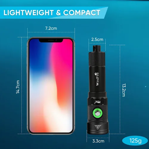 Vista 2 de Linterna de buceo WindFire, linterna impermeable para buceo 262 pies bajo el agua, linterna recargable para snorkel con 4 modos y indicador