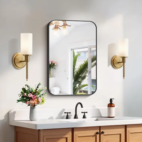 Vista 7 de FORBATH - Espejo de baño negro para sobre lavabo, espejo de pared de 16x24 pulgadas con marco de metal, esquinas redondeadas para baño, dormitorio