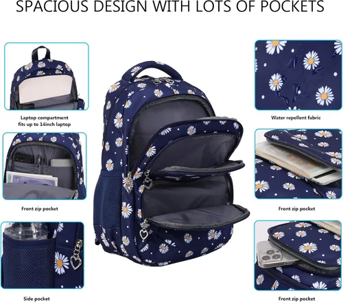 Vista 10 de goldwheat Mochilas impresas margaritas con paquete de almuerzo, estuche de lápices 3pcs, bolsa ligera resistente al agua para la escuela secundaria