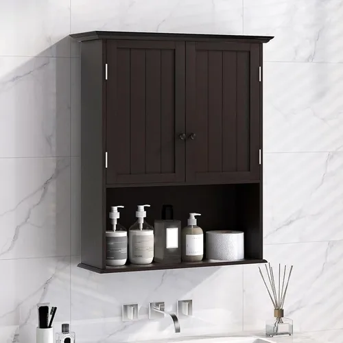 Vista 12 de LDAILY Armario de pared para baño, armario de almacenamiento sobre el inodoro con estante abierto, estante ajustable de 3 alturas y 2 puertas