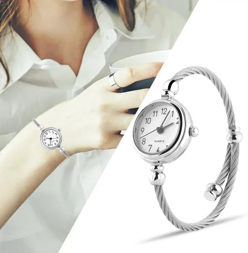 Vista 6 de FILFEEL Relojes para mujer, reloj de pulsera abierto analógico redondo de cuarzo con correa de aleación de cuarzo (disco blanco digital), Disco