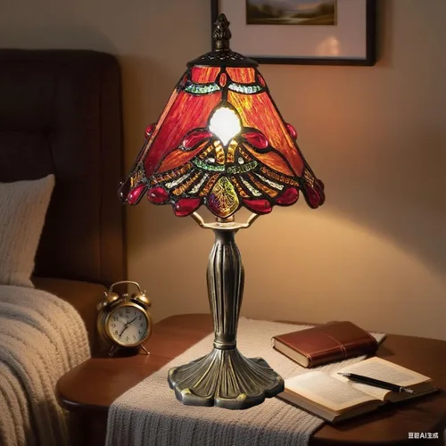 Vista 7 de Tiffany - Lámpara de mesa con perlas rojas, estilo barroco, vitral, luz de escritorio, pequeña lámpara de noche estilo Tiffany con bombilla LED