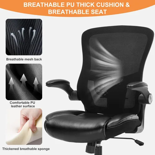 Vista 4 de ZLHECTO® Silla de oficina ergonómica, silla de escritorio con reposabrazos abatible ajustable con soporte lumbar, silla de computadora giratoria