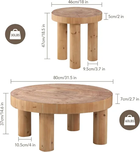 Vista 2 de RUSTOWN - Mesa auxiliar redonda de 2 piezas con patas gruesas de madera maciza Rustic Coffee Table Sets, Natural Circle Wooden Ring Finish