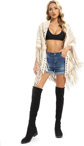 Vista 4 de Datangep Fashion - Bufanda de gamuza sintética para mujer, corte láser, triángulo, estolas, capa con chales de borla