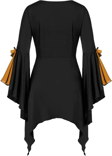 Vista 3 de Vestido camisero para mujer, Halloween, gótico, cruzado, dobladillo irregular, lentejuelas, manga mariposa, blusa, blusa