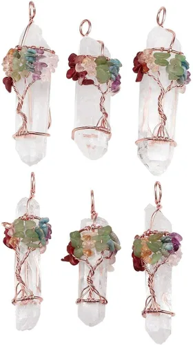 Vista 3 de Jovivi Paquete 2 artículos Collar de cuarzo transparente natural envuelto en alambre de árbol de la vida con piedras preciosas de chakras
