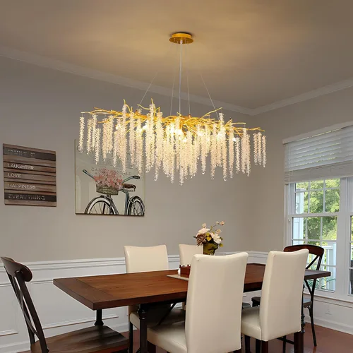 Vista 10 de Candelabro de Cristal Rama de Árbol Dorado Gota de Lluvia Redonda Lámpara Colgante con Borla Luminaria de Techo Colgante para Dormitorio Sala